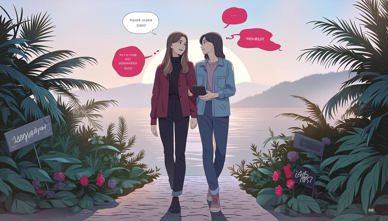 Original text-free editorial illustration for Anime Yuri Sex Video